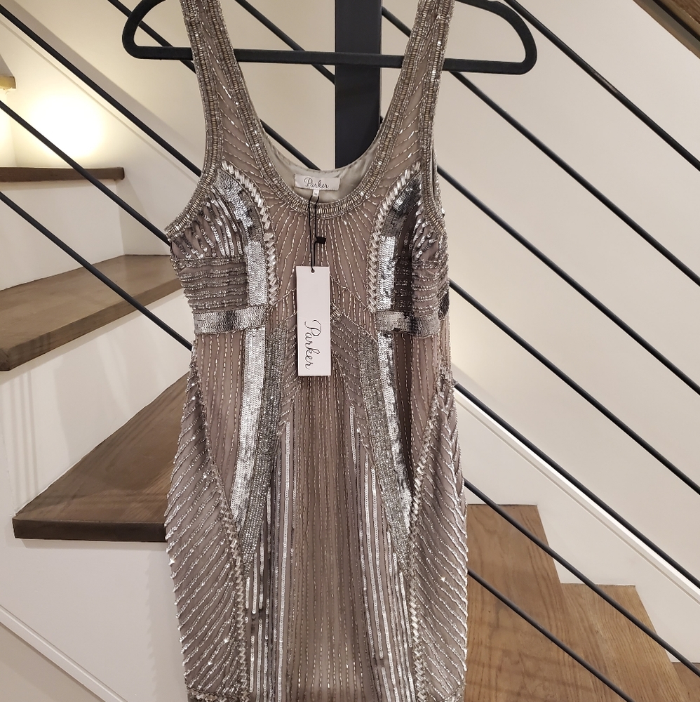 Parker silver sequin embellished holiday cocktail dress